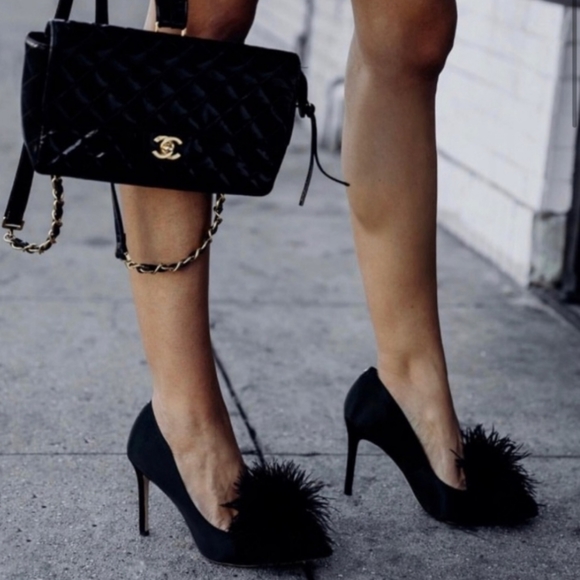 Sam Edelman Shoes - Sam Edelman | Black Haide Satin Feather Pom Pom Pumps Size 8